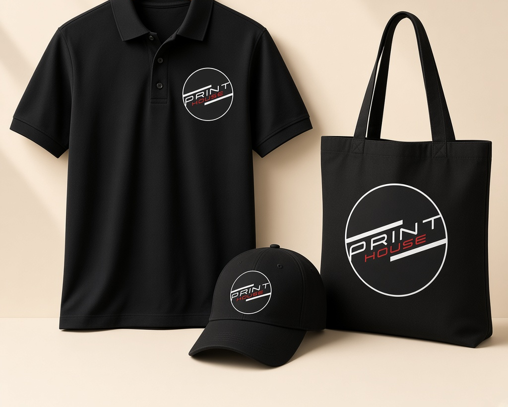 Printed black polo, cap, and tote bag with the PrinthousePh logo