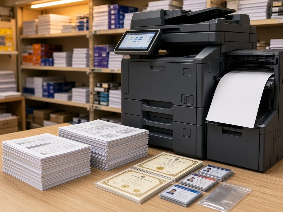 High-volume copier with A3 paper, laminated certificates, and IDs