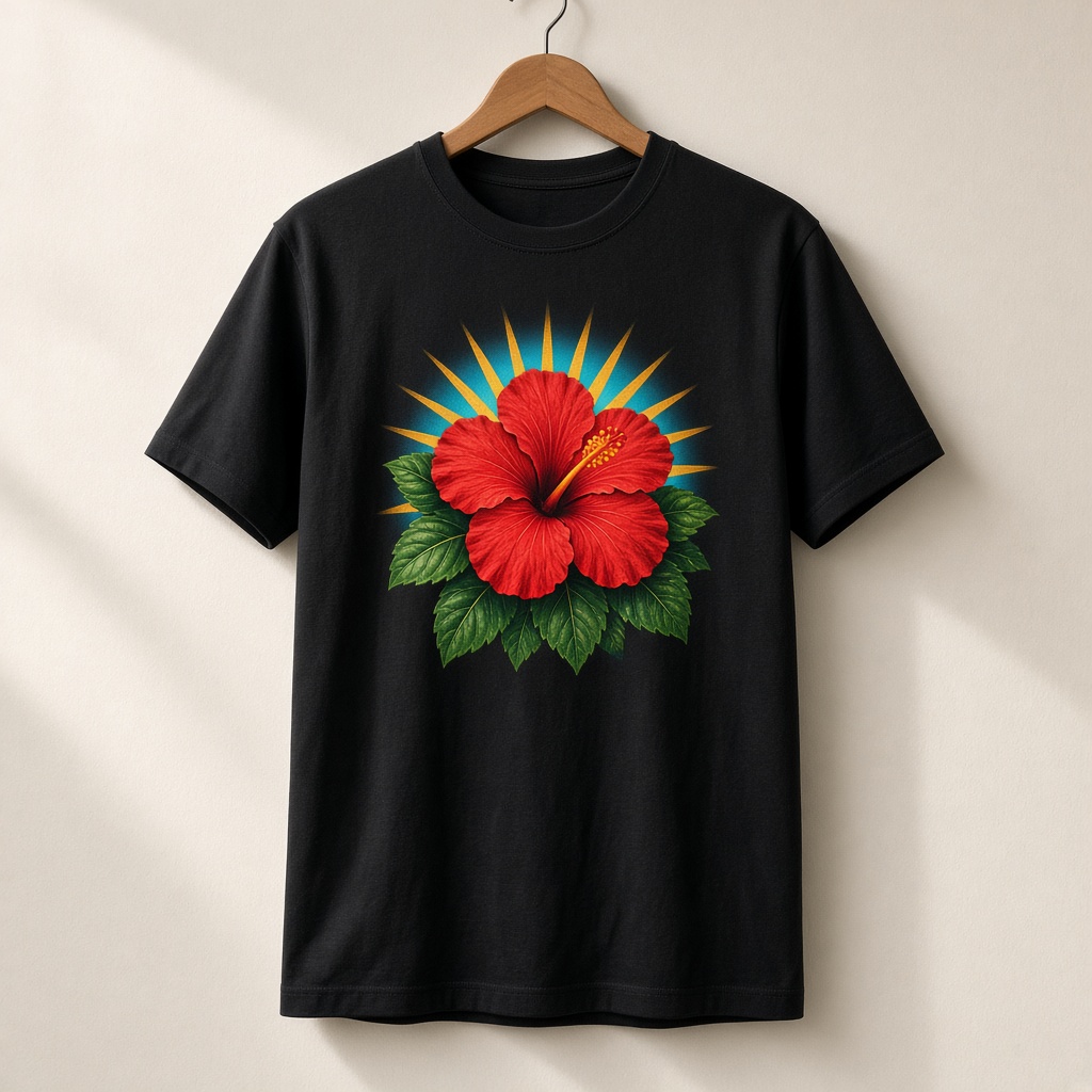 Black t-shirt with the same hibiscus DTF print