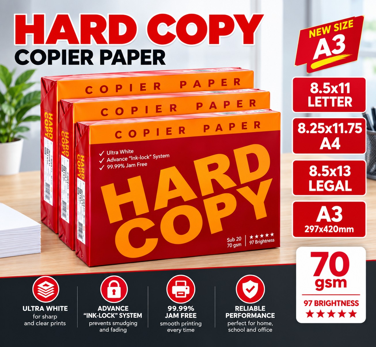 Hard Copy copier paper packs — Letter, A4, Legal, and A3, 70 gsm
