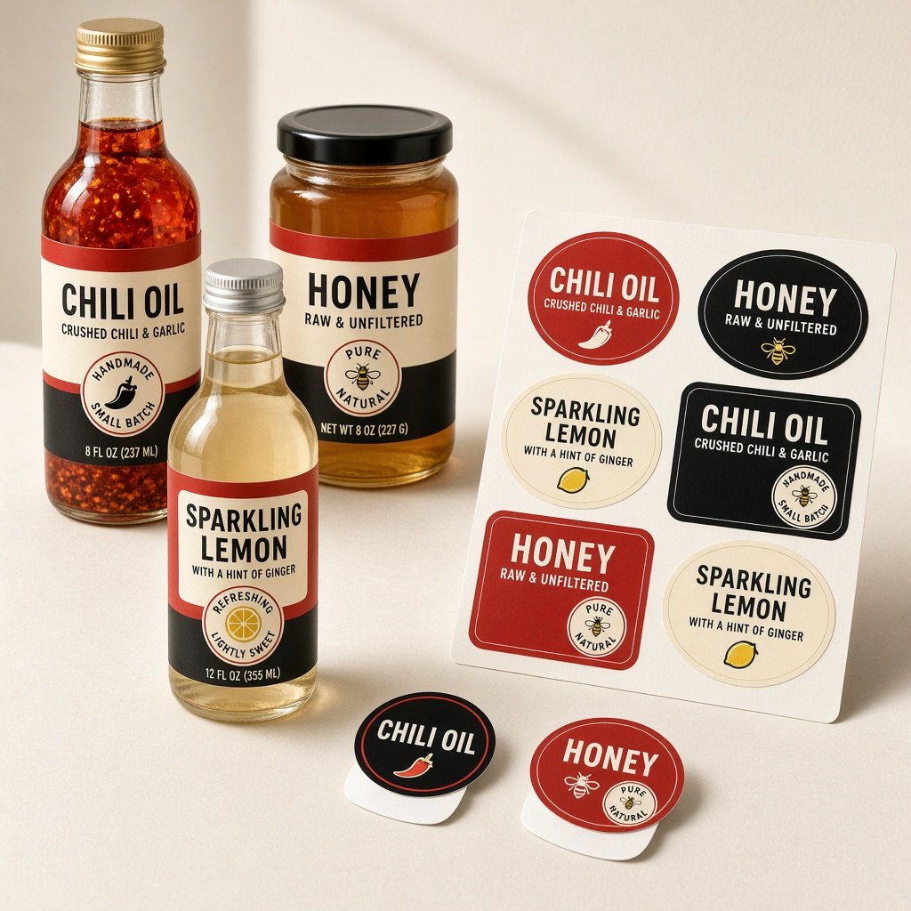 Bottles and jars with printed product labels plus a sheet of die-cut stickers