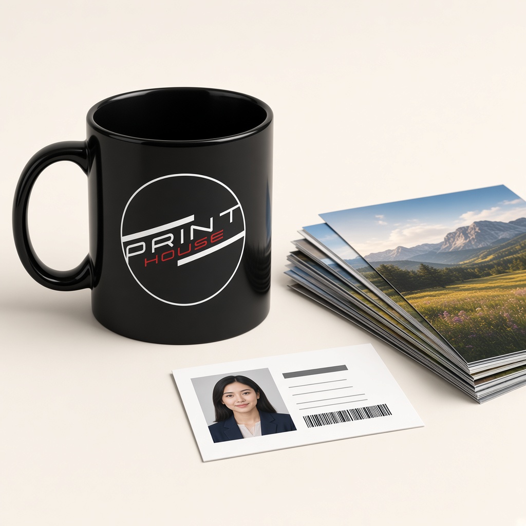 Printed mug, photo prints, and an ID photo card