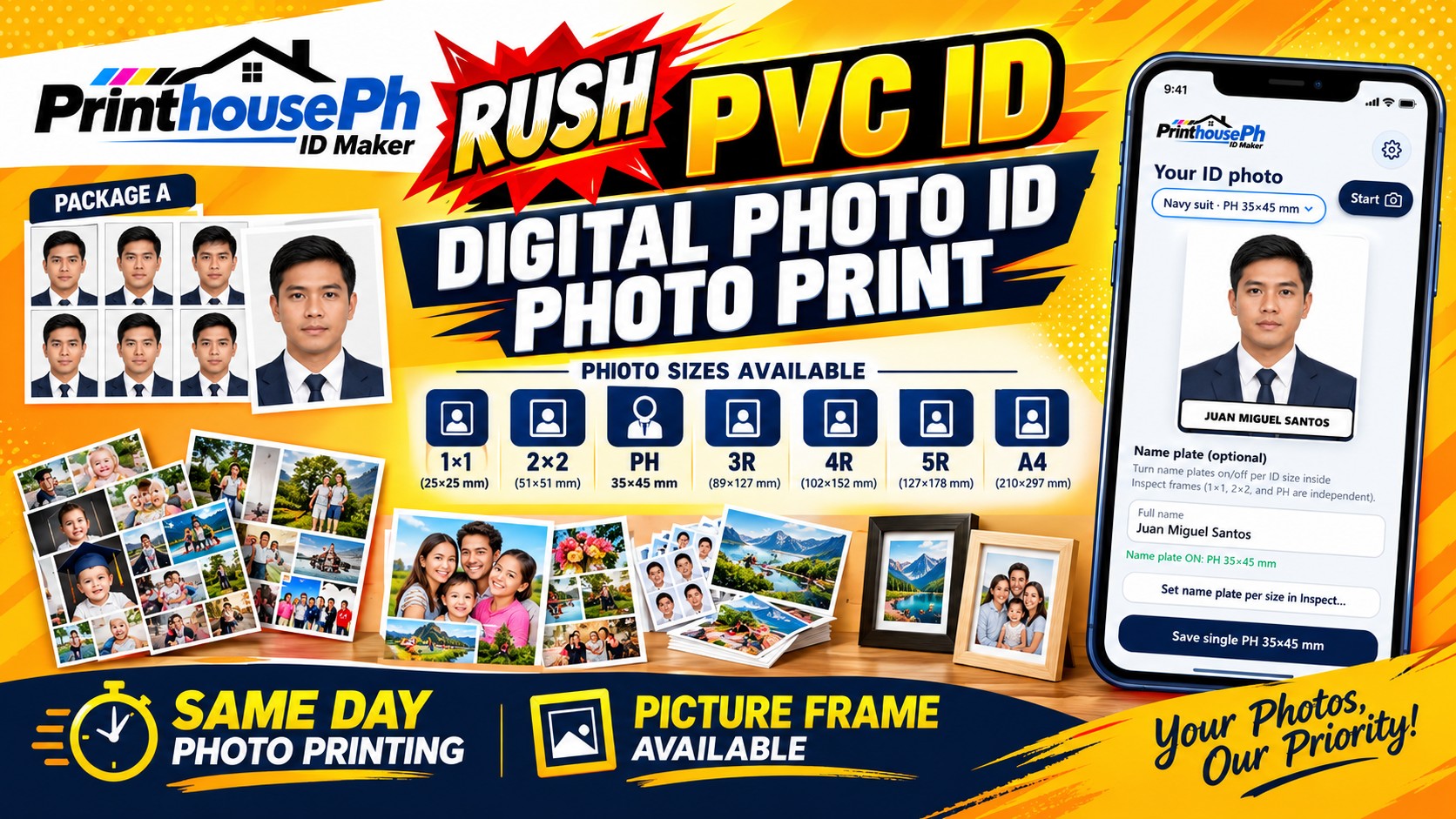PrinthousePh rush PVC ID, digital photo ID, and photo prints — 1×1, 2×2, PH, 3R to A4, same day, frames available