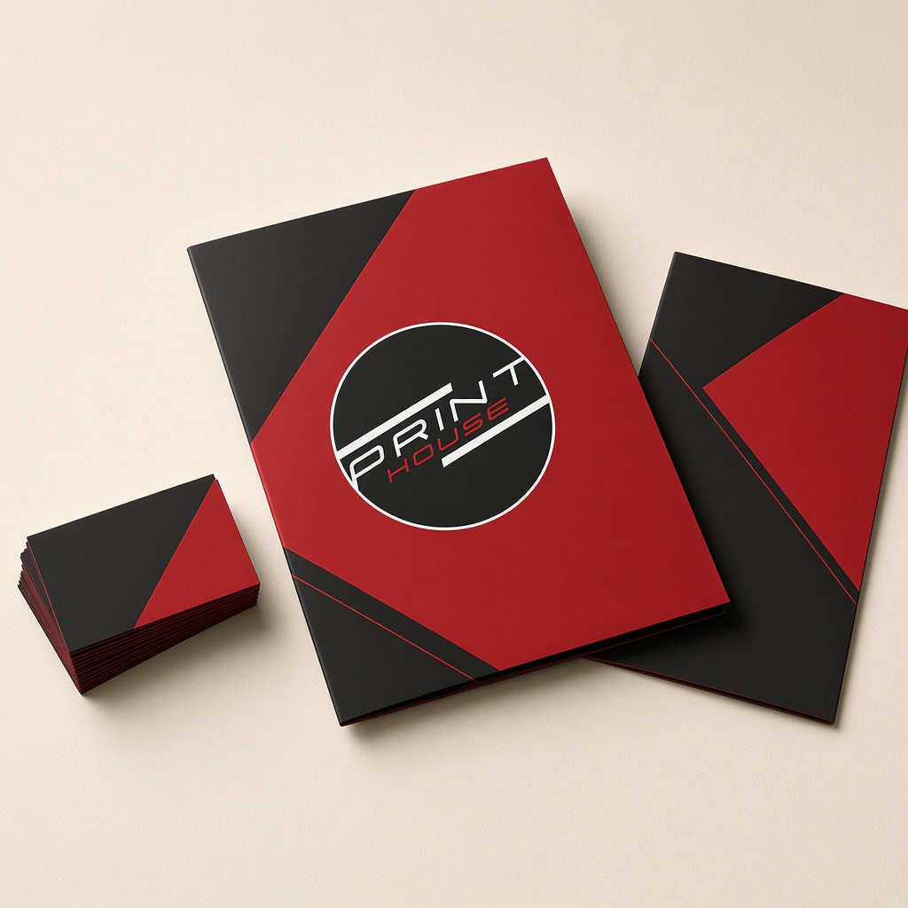 Printed business cards, folder, and flyer in PrinthousePh red and black